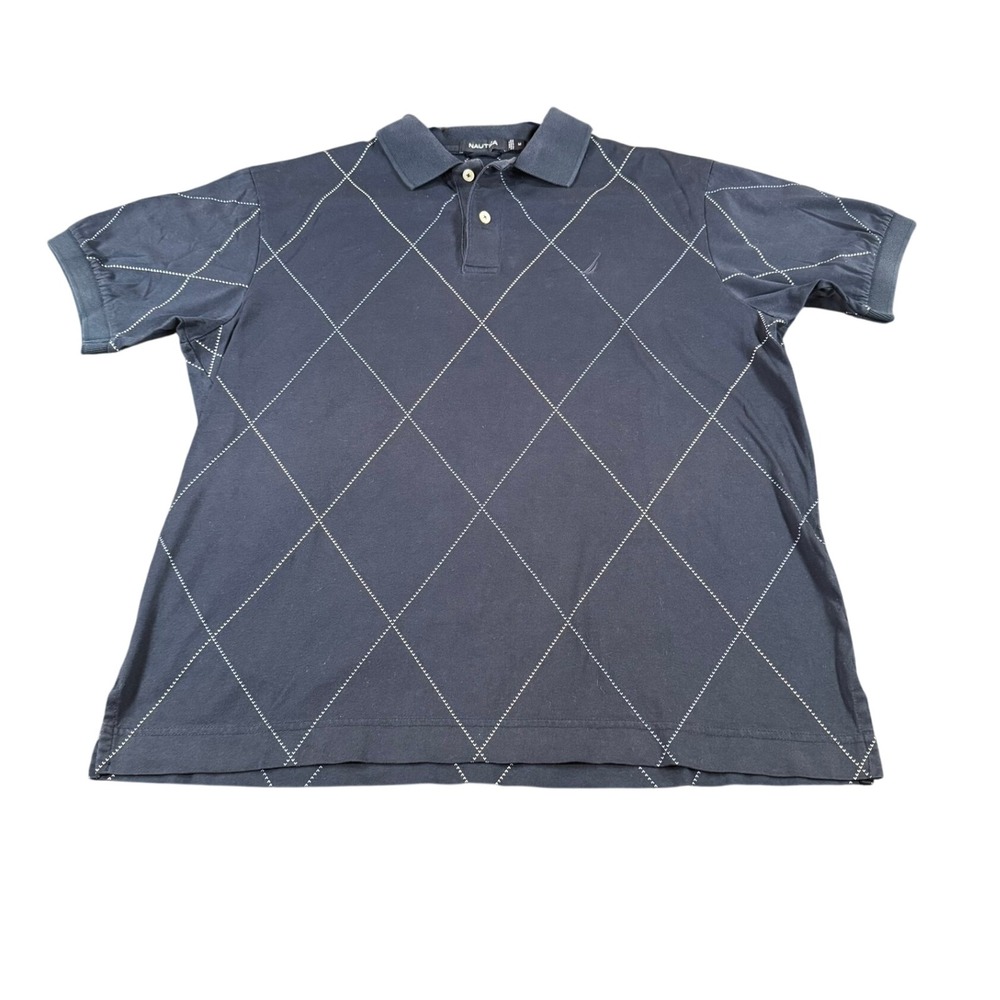 Nautica Men's Navy Blue Diamond Grid Polo Shirt Short Sleeve Cotton Size M